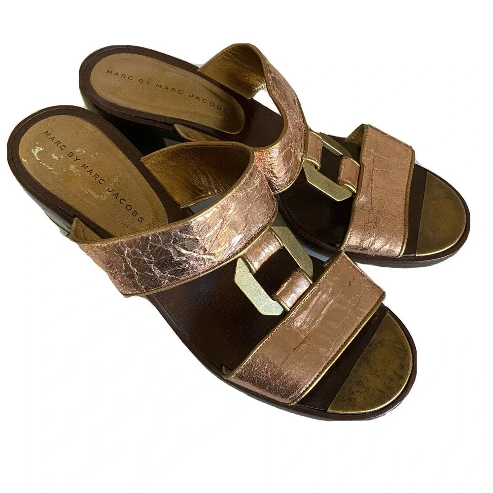 Marc Jacobs Mule Slide Slip On Sandal Pink Metallic Open Toe Block Heel …